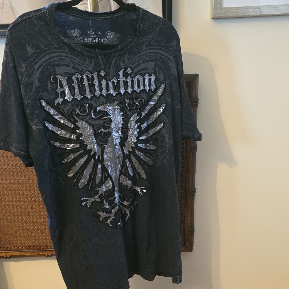 Affliction Charcoal Tee with Silver Eagle Design
